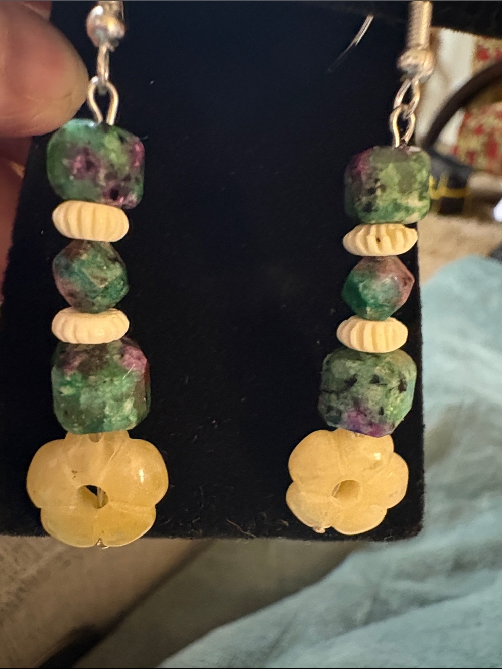 Hand Crafted Ruby Zoisite and Lemon Quartz Bead Drop Earrings